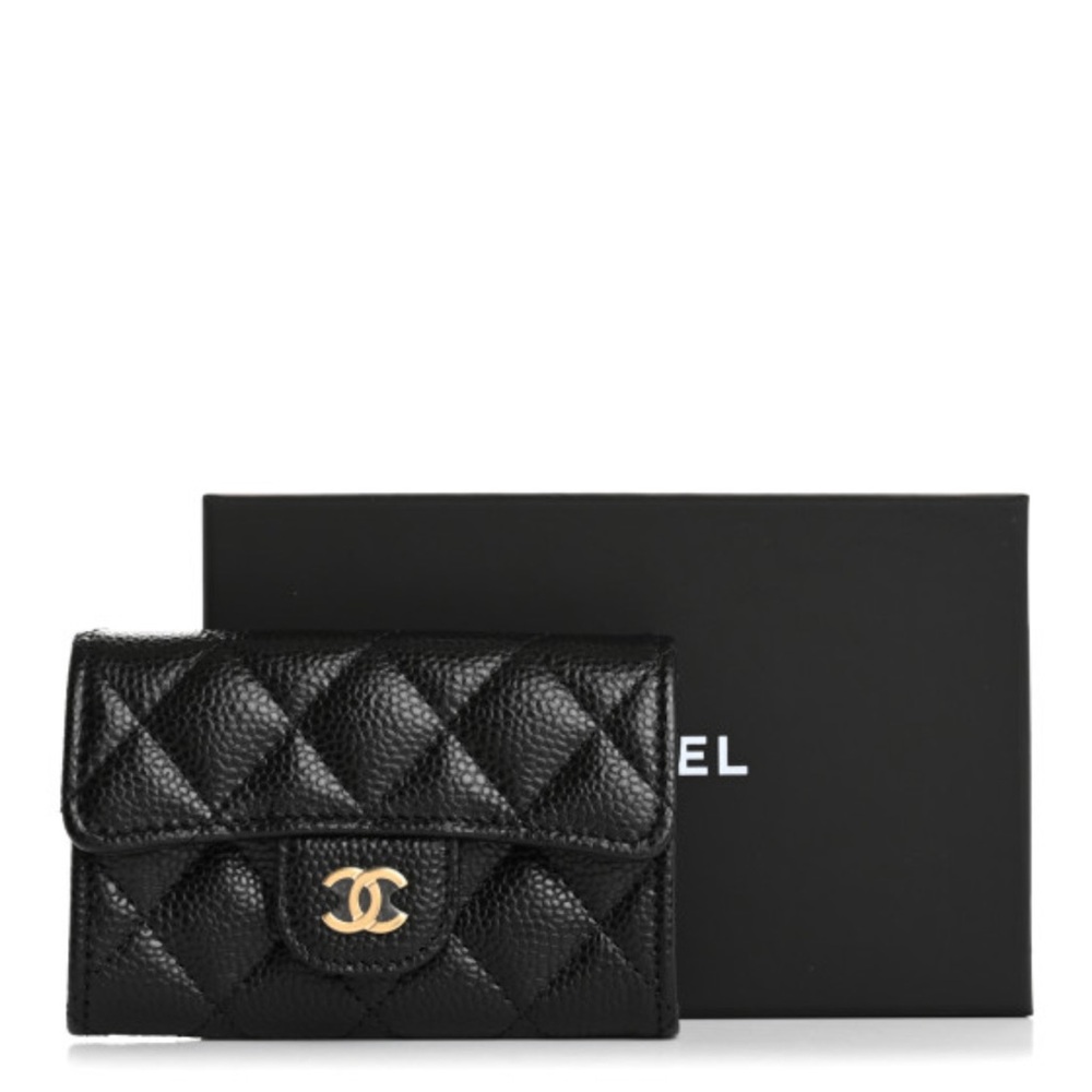 CHANEL Black Quilted Card Holder with Gold Logo